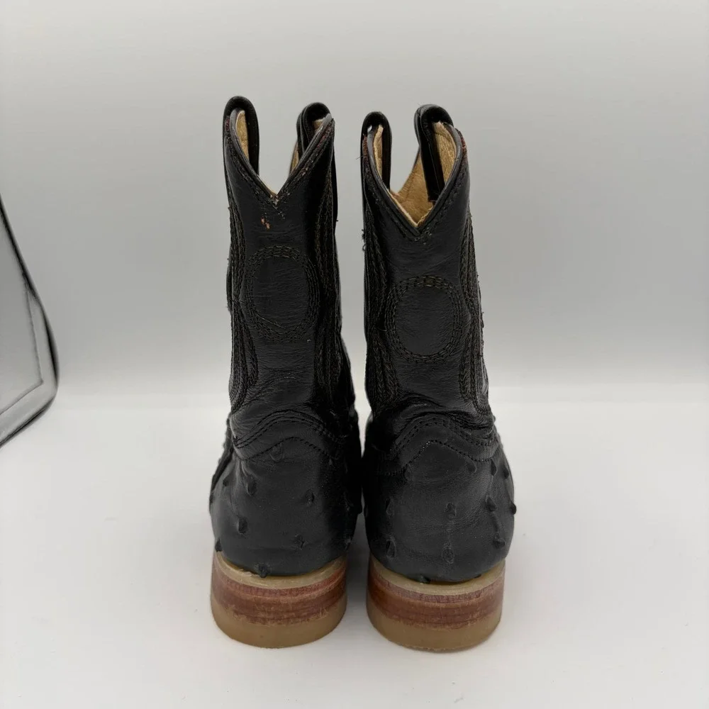 El General Toddler Kids 8.5 Black Leather Ostrich Print‎ Square Toe Cowboy Boots
